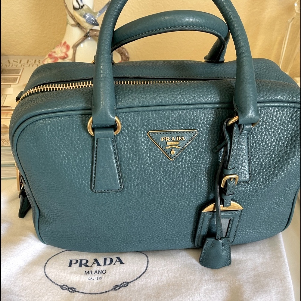 Prada teal blue leather tote, top handle & crossbody